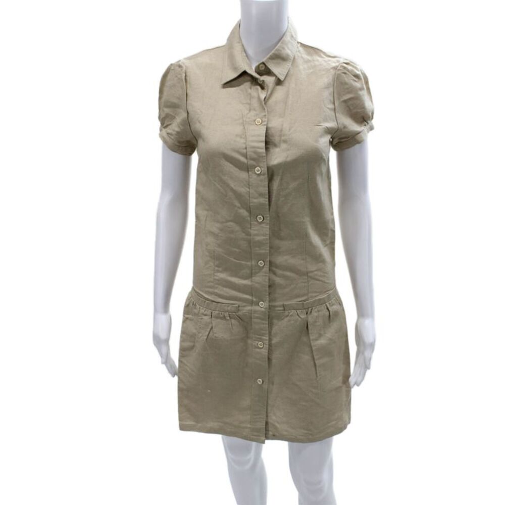 Hyden Yoo Women Beige Linen Collared Short Sleeve Shirt Dress Size 2